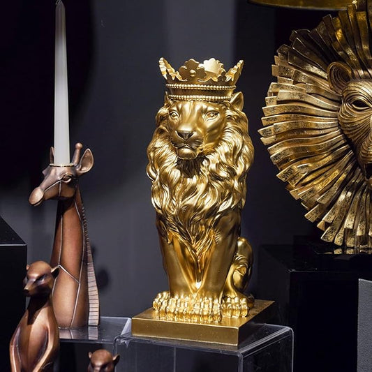Gold Room Décor Lion Statue – 15 Inch Gold Statue Lion Figurine House Decorations with Crown Lion Statues Home Décor Lion Decoration Décor for Living Room Gold Décor 8.5 * 5.5 * 15 Inch-VerdiqueGarden