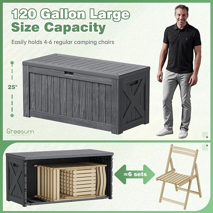 Greesum 120 Gallon Outdoor Storage Box with Lock - Large Resin Deck Box, Reinforced Lid for Garden, Patio, Lawn, Gray-VerdiqueGarden