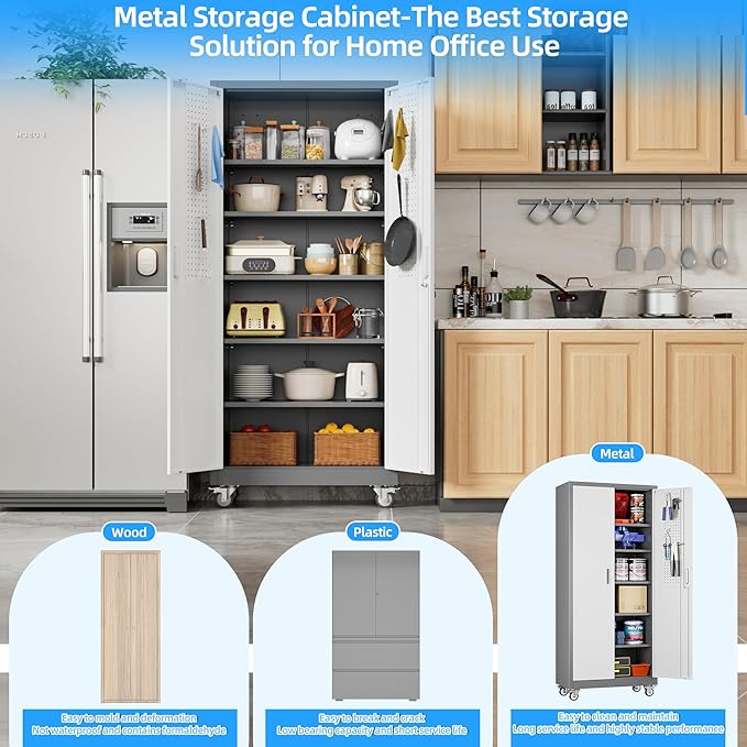 71" H×32" W×16" D Garage Storage Cabinet with Wheels & Pegboard, Locking Metal Storage Cabinet with Doors and 5 Adjustable Shelves & & 4 Hooks for Garage Warehouse Home Office, White and Gray-VerdiqueGarden