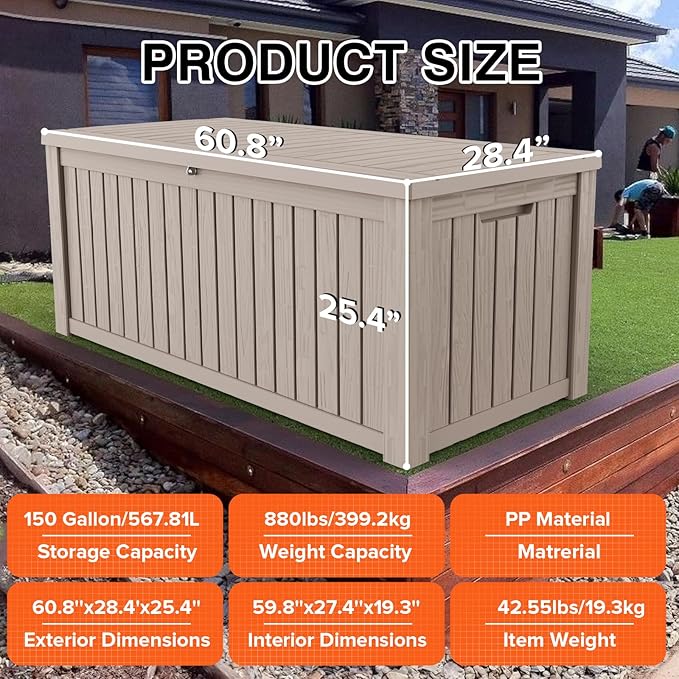152 Gallon Deck Box Waterproof, UV Resistant Resin Outdoor Storage Box with Hydraulic Rod, Lockable Design and Enhanced Durability for Patio, Garden, and Poolside Use-VerdiqueGarden