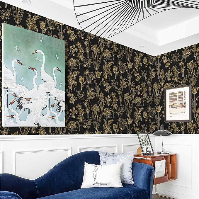 Dimoon 236"x17.3" Floral Wallpaper Peel and Stick Flowers Golden Black Contact Paper Thicken Waterproof Modern Self Adhesive Plants Wallpaper Removable Wall Paper Shelf Vinyl Roll-VerdiqueGarden