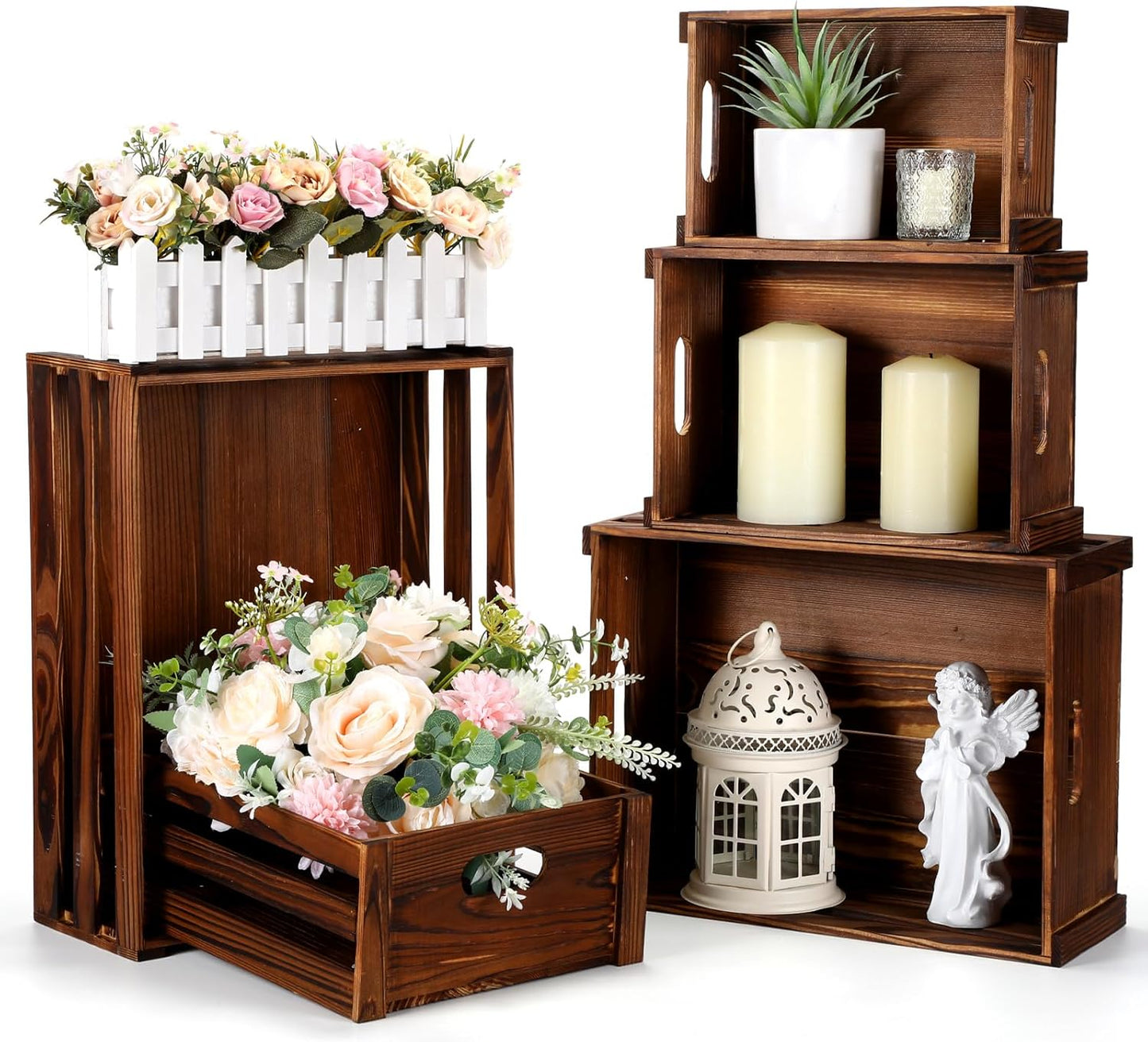 5 Pack Decorative Wood Crates for Display 5 Sizes Rustic Nesting Wooden Crates Vintage Storage Container Boxes with Handles Handmade Decorative Baskets Bin for Farmhouse(Rustic Brown)-VerdiqueGarden