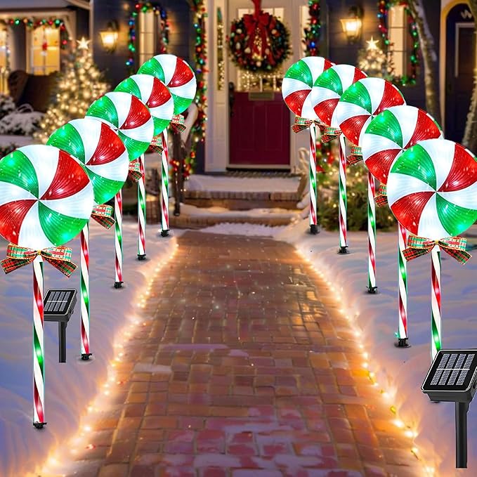 10 Packs Christmas Pathway Lollipop Lights with Bow Tie Solar Powered Outdoor Waterproof Xmas Candy Cane Path Landscape Decorative Stake Lights 2 Solar Panel + 10 Lights-VerdiqueGarden