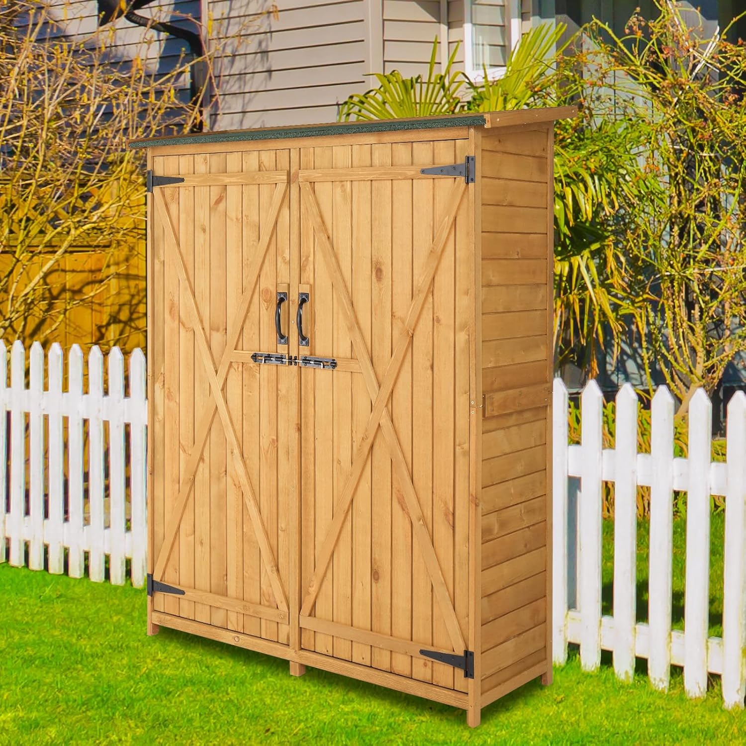 Outvita Outdoor Storage Cabinet with Waterproof Roof, Double Lockable Doors Garden Shed with 2 Removable Shelves, Wooden Storage Shed with Large Storage Space for Yard Garge Patio Deck Porch（Natural）-VerdiqueGarden