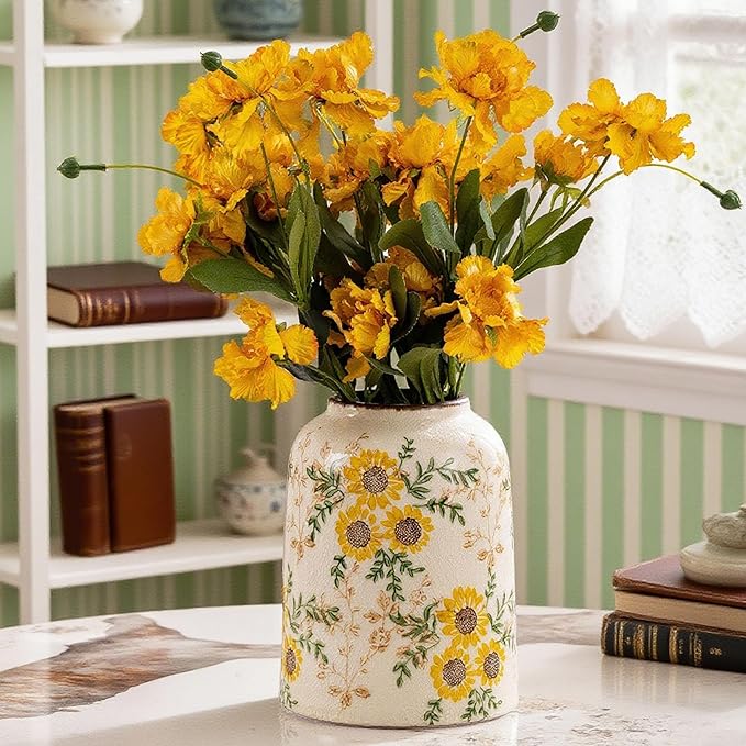 Sunflower Green and Beige Vase, Yellow Ceramic Vintage Vase Cottage Core Home Decor, Cute Floral Centerpiece Vases for Living Room, Bedroom, Kitchen, Table Grand Millennial Decors, Tuscan Decor 7.8In-VerdiqueGarden