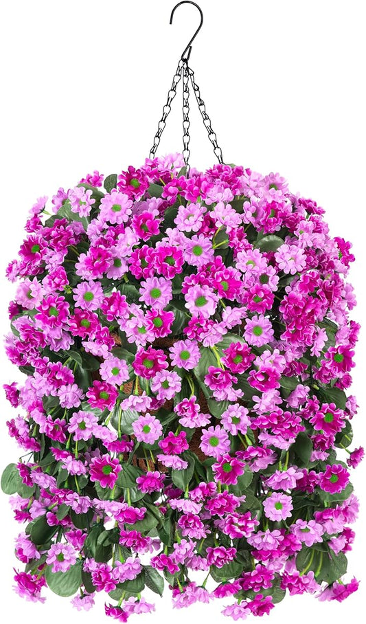 Hanging Baskets Artificial Flowers for Outdoor Interior Decor, Artificial Daisies Flowers Shrubs Plants with Baskets for Home Porch Garden Patio Spring Summer Decoration(Double Lotus)-VerdiqueGarden