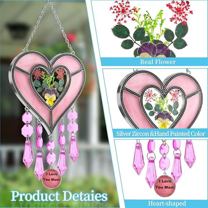 Gifts for Mom Suncatcher Heart Shaped I Love You Mom - Colored Glass Light Catcher Hanging Wind Chime Decorations Window Gifts Mother's Day Valentine's Day Birthday Christmas (Pink)-VerdiqueGarden