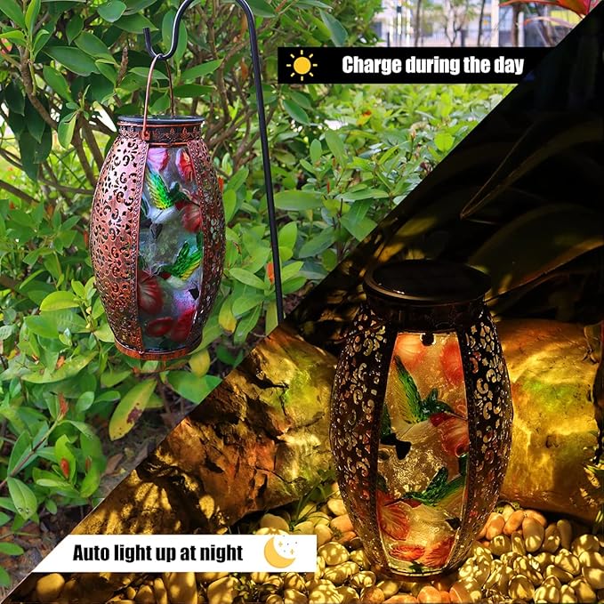 Solar Lanterns Outdoor Light - Solar Powered LED Hummingbird Glass Lights Decorative Waterproof Tabletop Lamp with Hollowed-Out Design for Indoor Yard Table Patio Garden Pathway Holiday-VerdiqueGarden