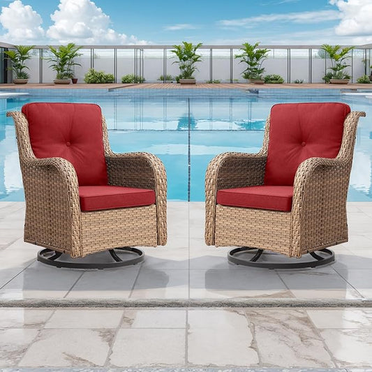 Outdoor Patio Swivel Rocker Chairs - Wicker Rattan Patio Swivel Rocking Chairs Set of 2 with High Back,Deep Seating and Comfort Cushions for Deck Porch Garden,Yellow/Red-VerdiqueGarden