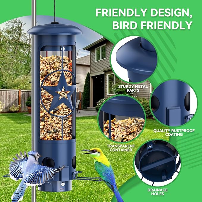 Squirrel Proof Bird Feeders for Outdoors Hanging, Metal Squirrel Proof Bird Feeder with Gravity Protection, 3LB Large Capacity Wild Bird Feeders for Outside Finch, Cardinal, Blue Jay (Blue)-VerdiqueGarden