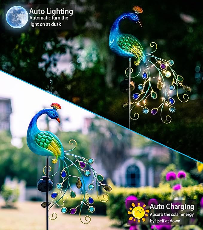 DREAMSOUL Metal Peacock Garden Solar Lights Outdoor Decorative Garden Stake Lights- Waterproof Peacock Solar Landscape LED Path Light Patio Yard Lawn Outside Decoration-VerdiqueGarden