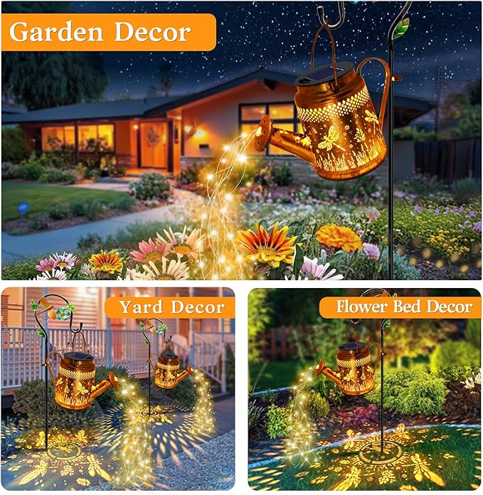 Solar Powered Dragonfly Watering Can Lights Waterproof Outdoor Garden Decor with Shepherd Hook, Hanging Patio Lights for Yard, Porch, Backyard Perfect Gardening & Birthday Gift for Women, Mom, Grandma-VerdiqueGarden