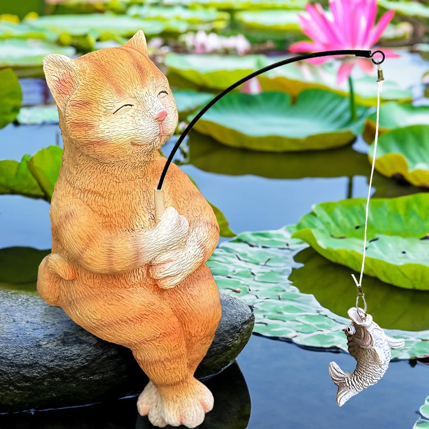 Garden Funny Orange Cat Pond Statue - 11" Cat Fishing Poolside Decor, Animals Outdoor Statue-VerdiqueGarden