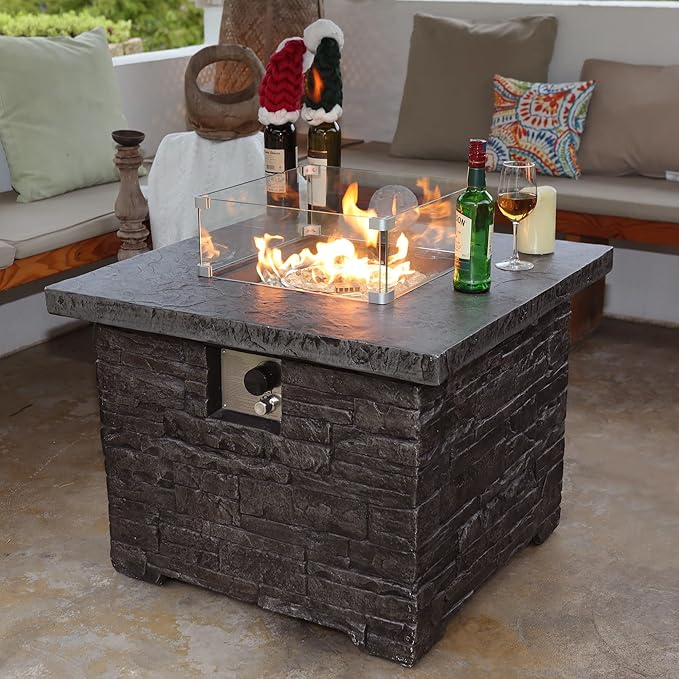 32" Outdoor Propane Fire Pit Table, Stone Fire Table Square Firepit w Glass Wind Guard(50,000 BTU), 2 Piece Slate Gas Fire Table in Deep Grey w Fire Glass, Rain Cover for Outside, Backyard-VerdiqueGarden