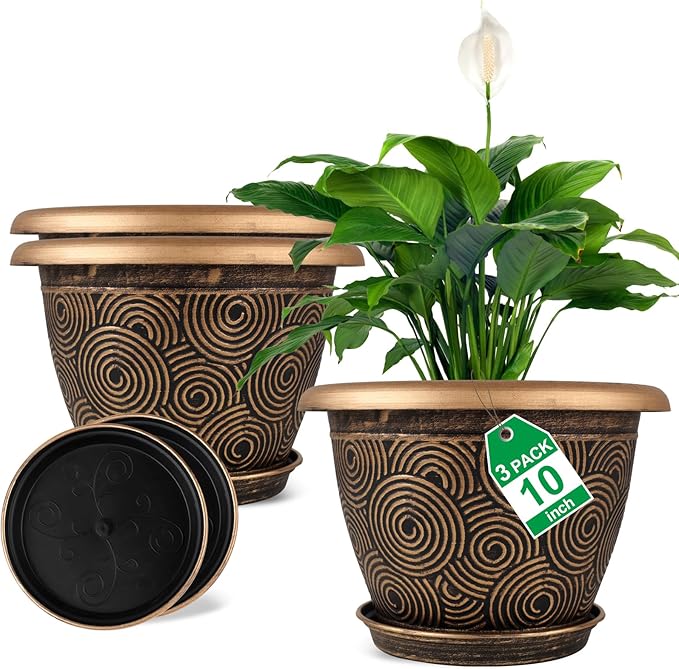 10 Inch Flower Pots Planters for Indoor Outdoor Plants, 3 Pack Plastic Large Plant Pots with Drainage Hole & Tray, Modern Decorative Garden Pot with Saucer, Plant Container for House-VerdiqueGarden