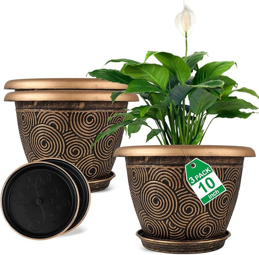 10 Inch Flower Pots Planters for Indoor Outdoor Plants, 3 Pack Plastic Large Plant Pots with Drainage Hole & Tray, Modern Decorative Garden Pot with Saucer, Plant Container for House-VerdiqueGarden