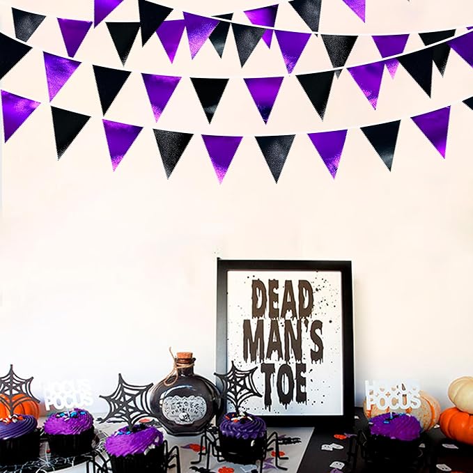 Purple and Black Party Decorations Metallic Fabric Triangle Pennant Banner Flag Bunting Garland for Graduations Birthday Retirement Wedding Baby Shower Bachelorette Halloween Outdoor Party Supplies-VerdiqueGarden