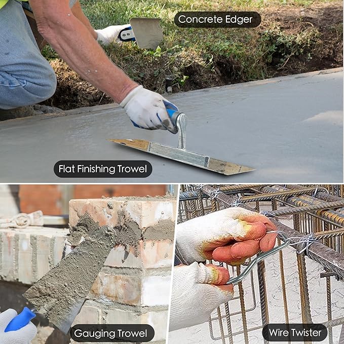 10PCS Concrete Trowel Set, Masonry Hand Tool Set Includes Large Flat Finishing and Pool Trowel, Wood Float, Concrete Edger and Groover, Margin Gauging, Wire Twister, Gloves & Carry Bag-VerdiqueGarden