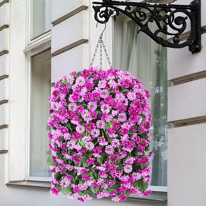 Hanging Baskets Artificial Flowers for Outdoor Interior Decor, Artificial Daisies Flowers Shrubs Plants with Baskets for Home Porch Garden Patio Spring Summer Decoration(Double Lotus)-VerdiqueGarden