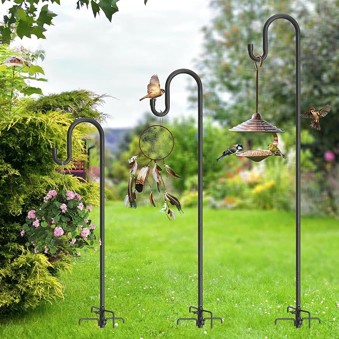Hummingbird Feeder Pole for Outdoors - Heavy Duty Bird Feeder Stand with Adjustable Stake,62"Rustproof Shepards Poles with Hangers Holder for Birdfeeder,Wind Chimes,Lanterns,Wreaths,Black-VerdiqueGarden