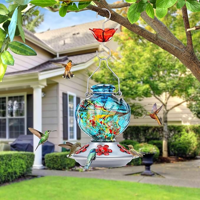 BOLITE Hummingbird Feeder, Hand Blown Glass Hummingbird Feeders for Outdoors Hanging, with Ant Moat and 5 Feeding Ports, 22 Ounces, Peony Flower Shape, Blue, Gifts for Women Men, Gifts for Mom Dad-VerdiqueGarden