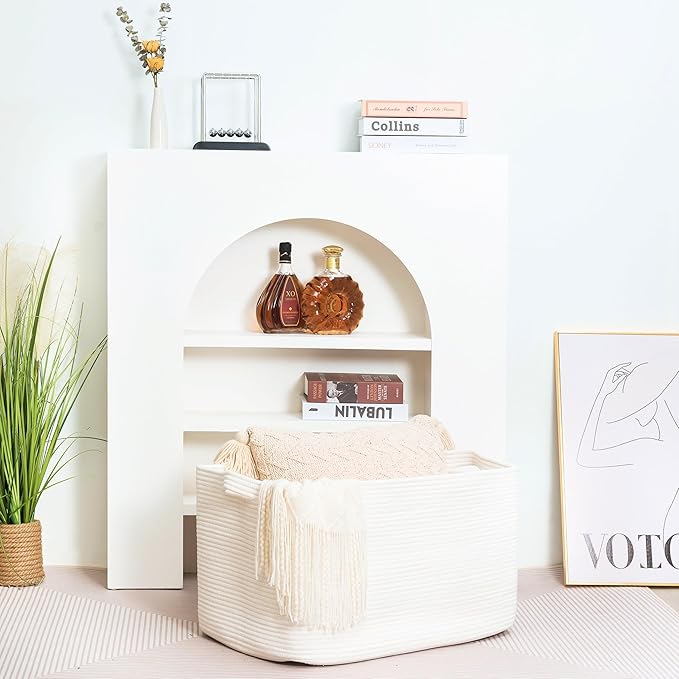 MINTWOOD Design 22in Extra Large Blanket Basket Holder Living Room, Rectangle Rope Woven Storage Basket with Handles for Laundry, Pool Towels, and Shoes, Dog Toy Organizer Bin Box, Creamy White-VerdiqueGarden