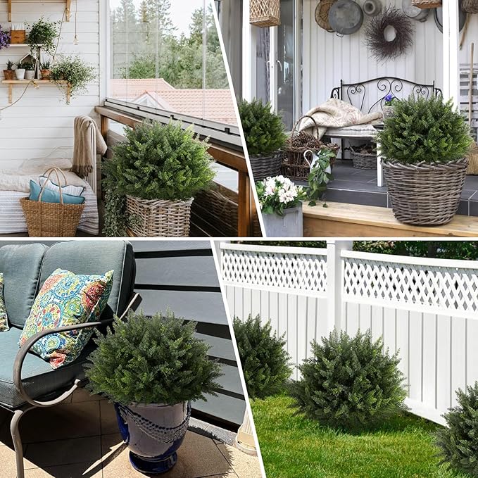 23.6Inch Artificial Cedar Topiary, 2 Pack UV Resistant Faux Evergreen Shrubs with Ground Spikes, Indoor Outdoor Potted Plants for Porch, Garden, Front Door Decor-VerdiqueGarden