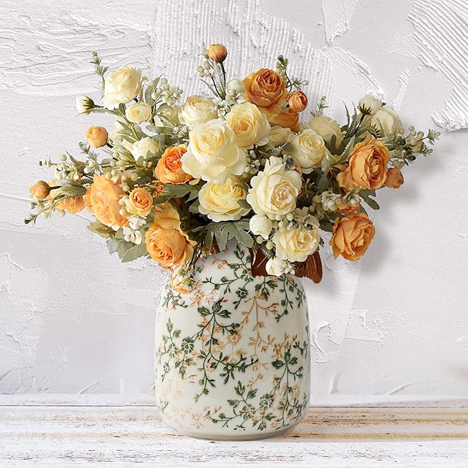 Rustic Vintage Ceramic Vase, 7.8 inch Beige and Green Decorative Vase, Aesthetic Farmhouse Pottery Vase for Home Decor, Living & Dining Room, Bookshelf, Office, TV Stand Table Decor-VerdiqueGarden