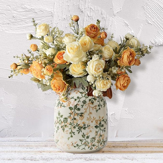 Rustic Vintage Ceramic Vase, 7.8 inch Beige and Green Decorative Vase, Aesthetic Farmhouse Pottery Vase for Home Decor, Living & Dining Room, Bookshelf, Office, TV Stand Table Decor-VerdiqueGarden