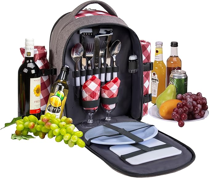 apollo walker Picnic Backpack Bag with Cooler Compartment, Detachable Bottle/Wine Holder, Fleece Blanket, Plates and Cutlery Set (2 Person, Gray)-VerdiqueGarden