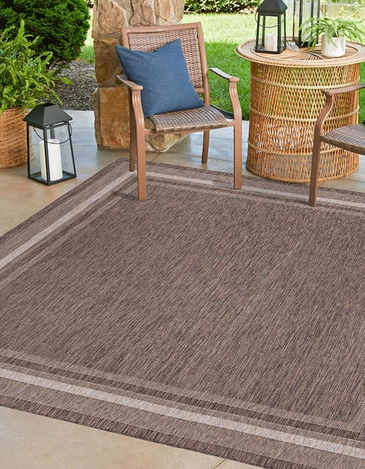 Unique Loom Outdoor Border Collection Area Rug - Soft Border (6' 1" Square Brown/Ivory)-VerdiqueGarden