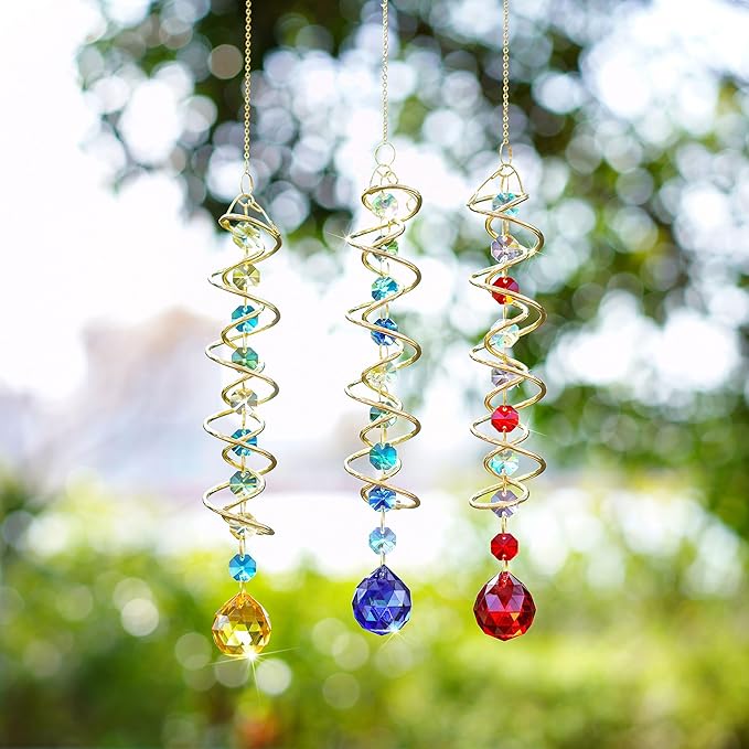 H&D HYALINE & DORA 17.7in Crystal Suncatcher Gazing Ball Spiral Tail,Wind Spinner Sun Catcher with Octagonal Beads,Sun Catchers Window Hanging for Outdoor Garden Decor-VerdiqueGarden