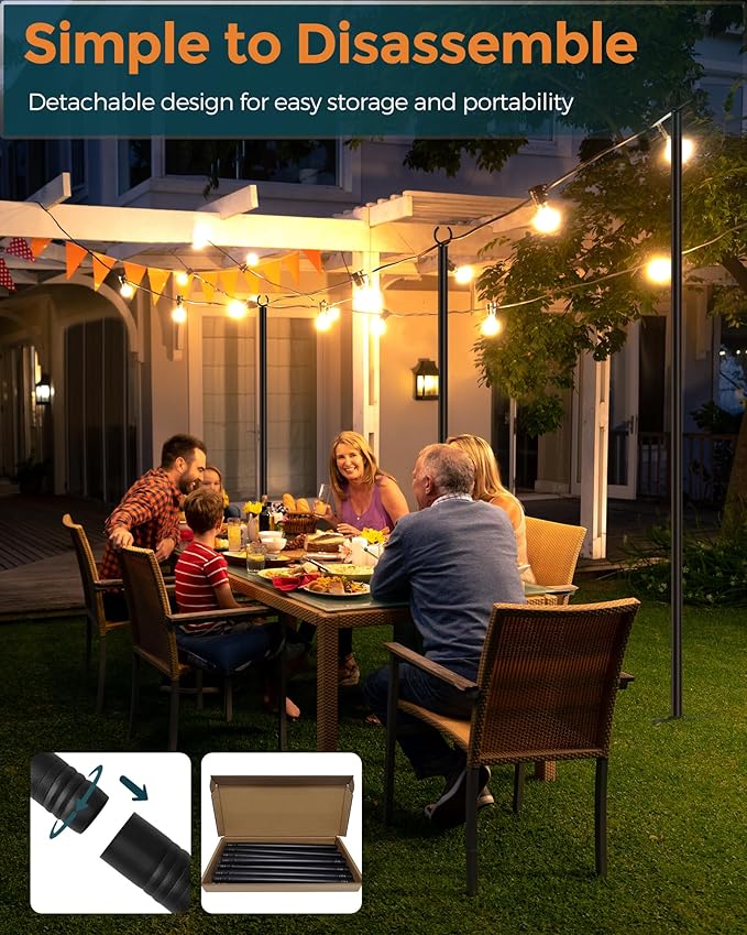 LAND·VOI Metal String Light Poles for Outside Hanging - Backyard, Garden, Patio, 2 Pack Lighting Stand with Adjustable Height for Outdoor Parties, Wedding, Extra-Long 5-Prong Claws, (9.6FT) FLP02B-VerdiqueGarden