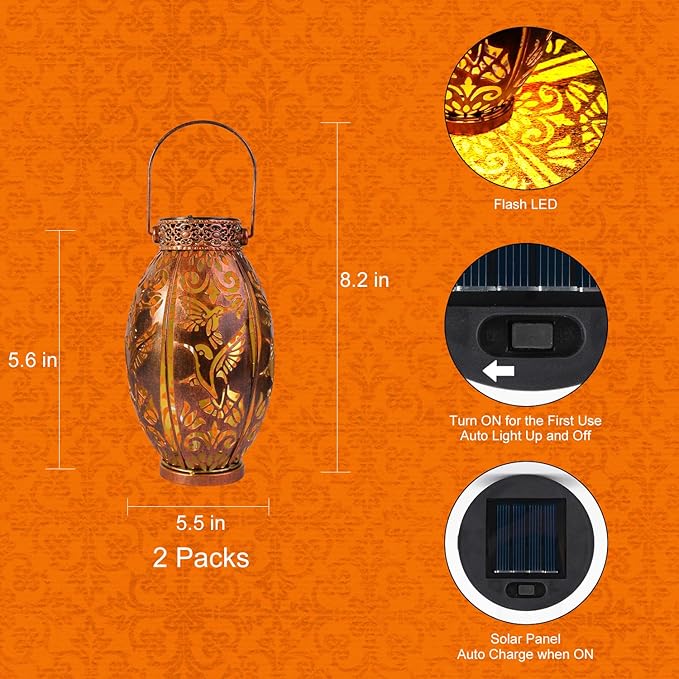 Hummingbird Lantern 2 Pack Solar Lanterns Outdoor Hanging Solar Lights, Upgraded Metal Garden Lanterns - Waterproof LED Decorative Light for Garden Patio Yard Gifts for Mom Grandma Women-VerdiqueGarden