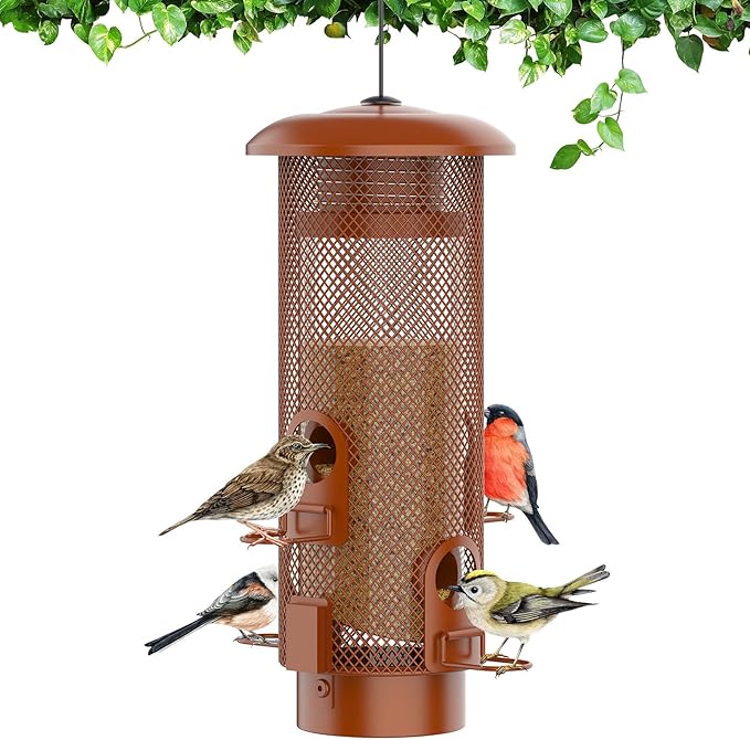 Metal Squirrel Proof Bird Feeder,Bird Feeders for Outdoors,Weight Activated Squirrel Proof Wild Bird Feeders with Finch Cardinal Chickadee,Large Capacity,Weatherproof and Durable,Reddish Brown-VerdiqueGarden