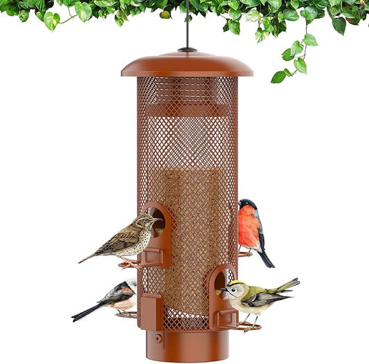 Metal Squirrel Proof Bird Feeder,Bird Feeders for Outdoors,Weight Activated Squirrel Proof Wild Bird Feeders with Finch Cardinal Chickadee,Large Capacity,Weatherproof and Durable,Reddish Brown-VerdiqueGarden