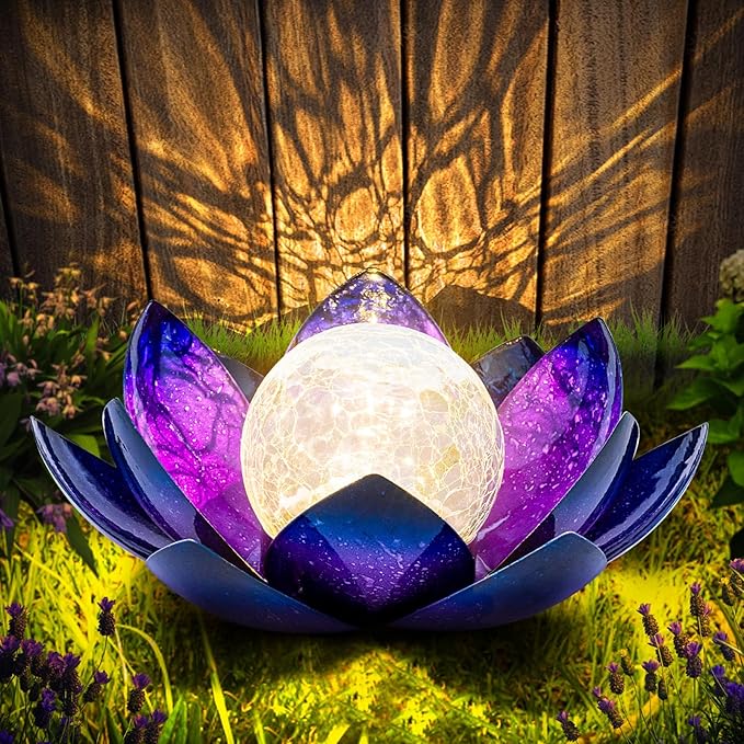Huaxu Solar Lights for Outdoor Decor, Purple Lotus Flower Light, Waterproof LED Crackle Globe Glass Lamp for Garden, Patio, Yard, Porch, Pathway, Ground, Tabletop Christmas Gifts for Mom,Women-VerdiqueGarden