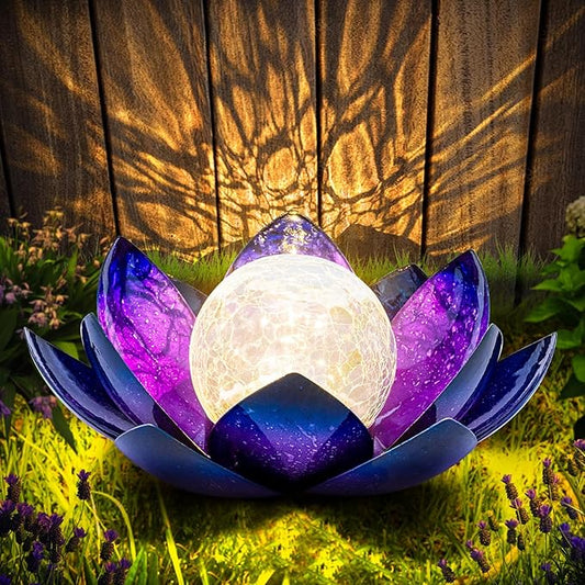Huaxu Solar Lights for Outdoor Decor, Purple Lotus Flower Light, Waterproof LED Crackle Globe Glass Lamp for Garden, Patio, Yard, Porch, Pathway, Ground, Tabletop Christmas Gifts for Mom,Women-VerdiqueGarden