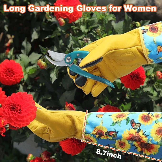 DLY Gardening Gloves for Women, Rose Gloves Gardening Thorn Proof, Long Garden Gloves for Women, Breathable Cowhide Leather Gauntlet (X-Large, Blue)-VerdiqueGarden