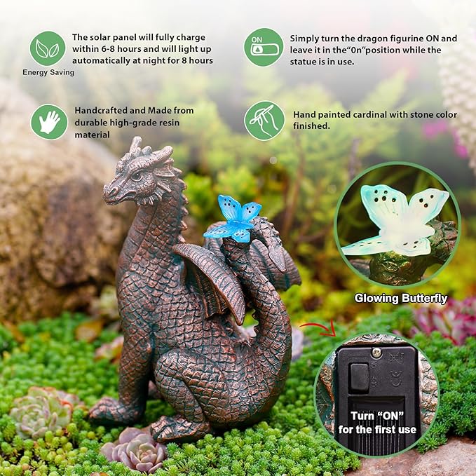 Garden Decor Solar Dragon Statues: Outdoor Sculptures with Glowing Butterfly for Lawn Ornaments Yard Art Porch Patio Balcony - Gifts for Mom Grandma Women-VerdiqueGarden