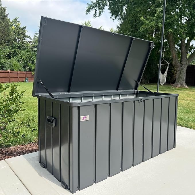 PURPLE LEAF Outdoor Deck Box 100 Gallon Waterproof Lockable Storage Box Container with Lid Deck Organization for Patio Cushions Side Table Pool Accessories Garden Tools, Gray-VerdiqueGarden