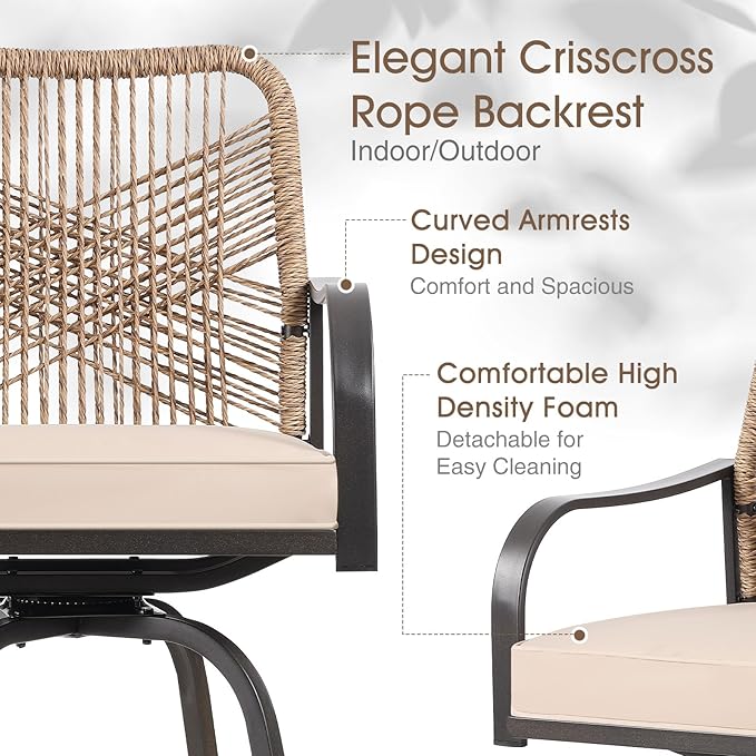 Outdoor Bar Stools Set of 2, Patio Swivel Counter Height Rattan Bar Stools, Patio Wicker Bar Swivel Chairs with Cushion, Outdoor Pool Bar Chairs for Backyard Garden Balcony w /360 Rotation-VerdiqueGarden