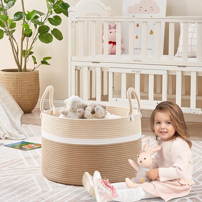 KAKAMAY Large Blanket Basket (20"x13"),Woven Baskets for storage Baby Laundry Hamper, Cotton Rope Blanket Basket for Living Room, Laundry, Nursery, Pillows, Baby Toy chest (White and Brown)-VerdiqueGarden
