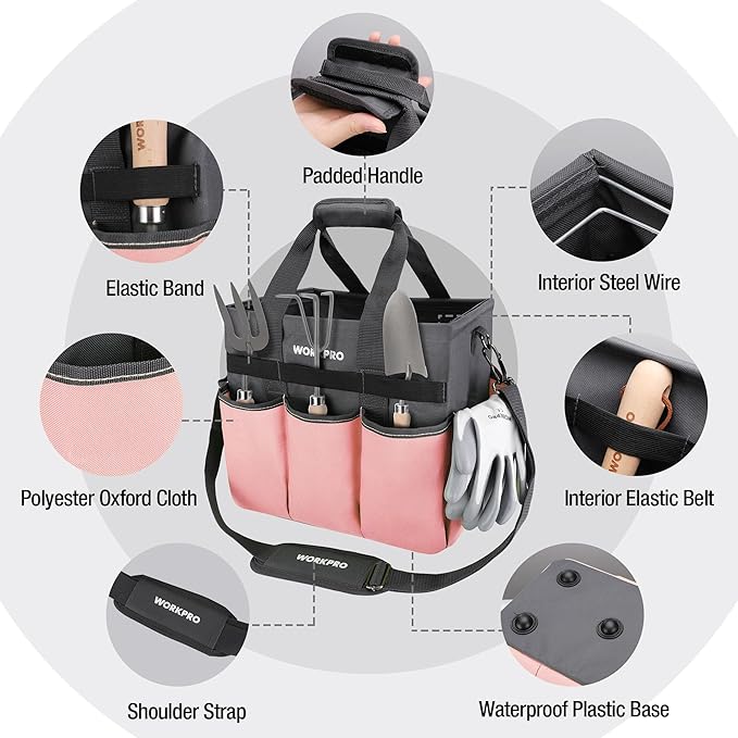 WORKPRO Garden Tool Bag, Heavy Duty Gardening Tote Bag Organizer with 10 Pockets and Long Adjustable Shoulder Strap, Standable Garden Home Tool Kits Organizer, Pink-VerdiqueGarden