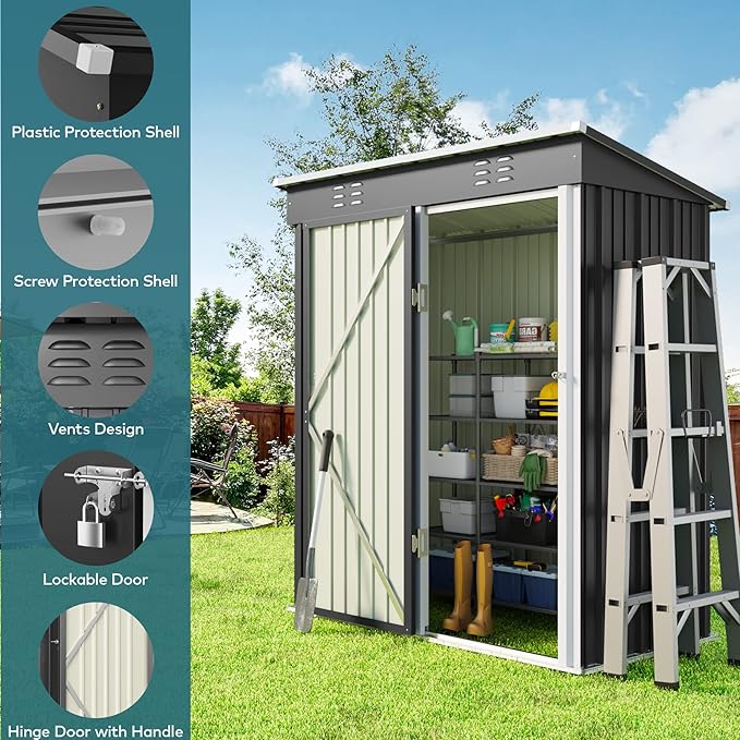 Gizoon 5 'x 3'Outdoor Storage Shed with Singe Lockable Door,Galvanized Metal Shed with Air Vent Suitable for The Garden,Tiny House Storage Sheds Outdoor for Backyard Patio Lawn-Dark Gray-VerdiqueGarden