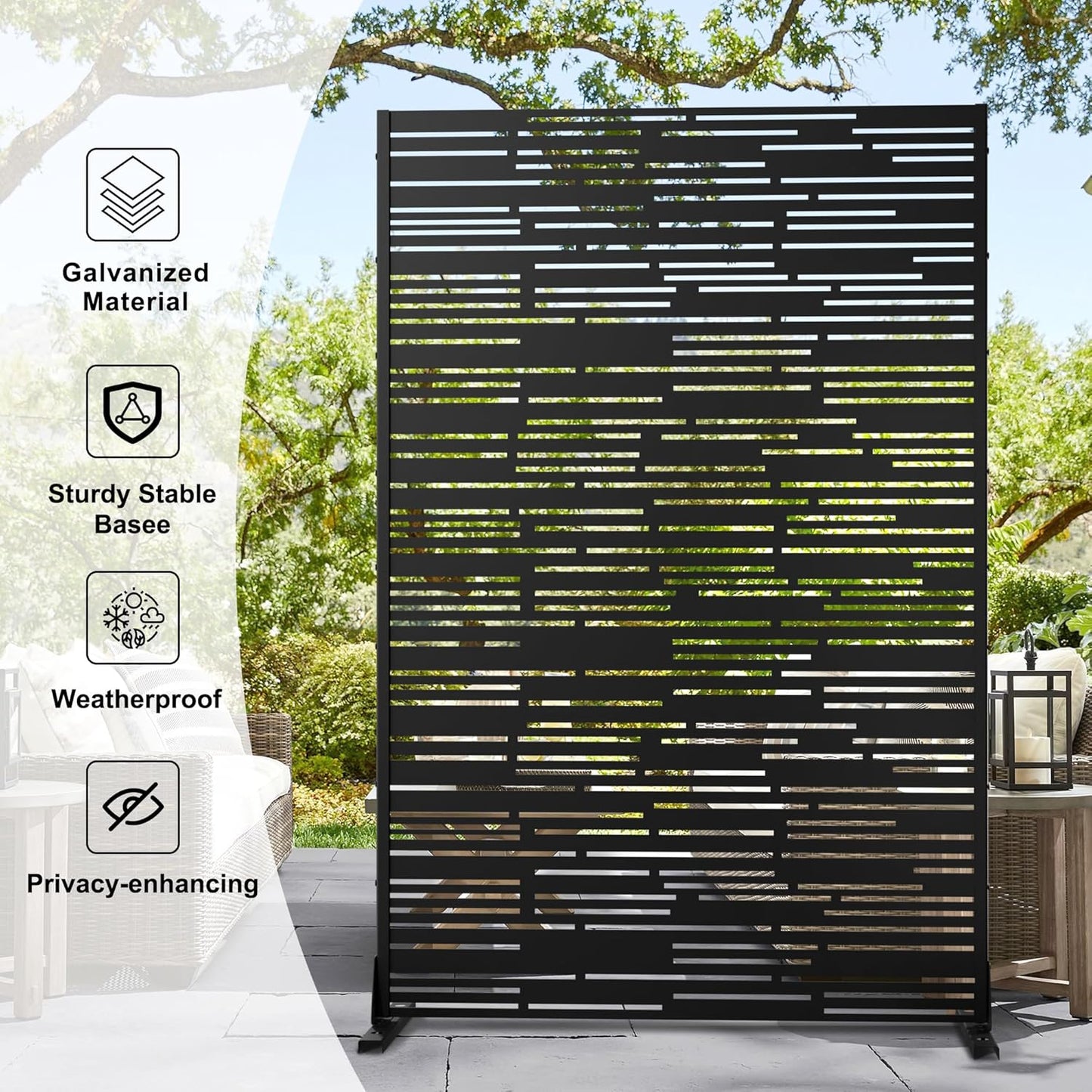 Metal Privacy Screen Outdoor 72" H×47" W,Freestanding Decorative Privacy Screen for Balcony Yard&Garden,Privacy Fence-Black&Shine-VerdiqueGarden