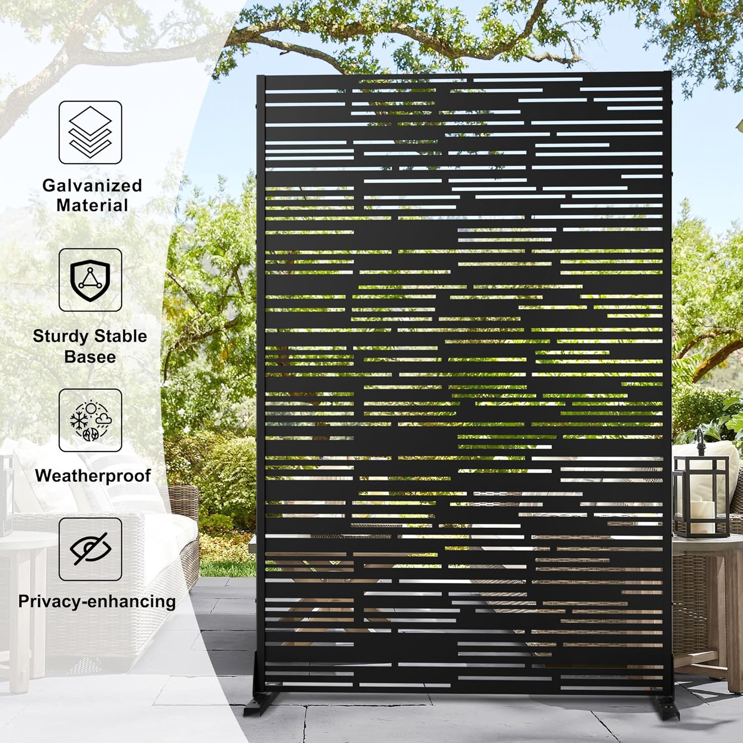 Metal Privacy Screen Outdoor 72" H×47" W,Freestanding Decorative Privacy Screen for Balcony Yard&Garden,Privacy Fence-Black&Shine-VerdiqueGarden