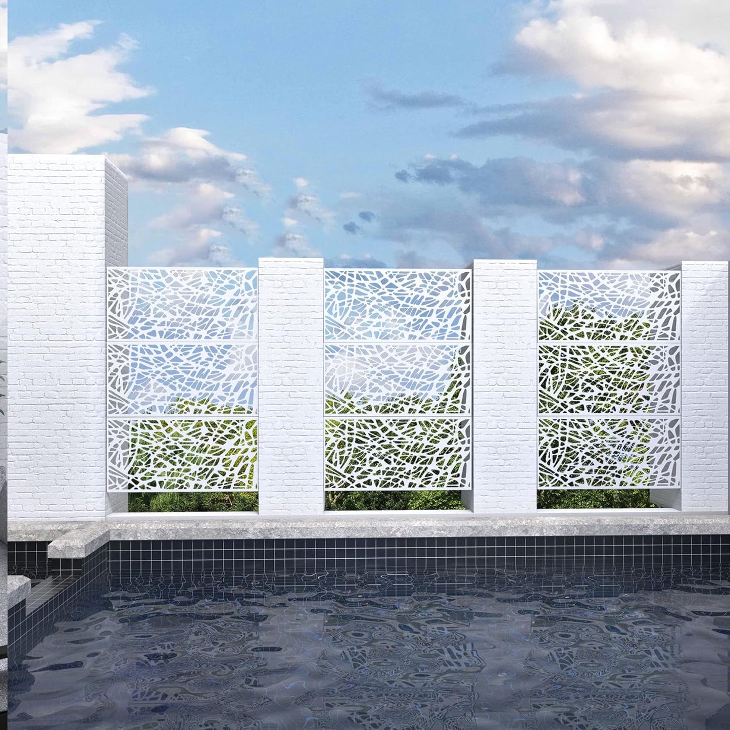 Metal Privacy Screen Outdoor 72" H×47" W,Freestanding Decorative Privacy Screen for Balcony Yard&Garden,Privacy Fence-White&Net-VerdiqueGarden