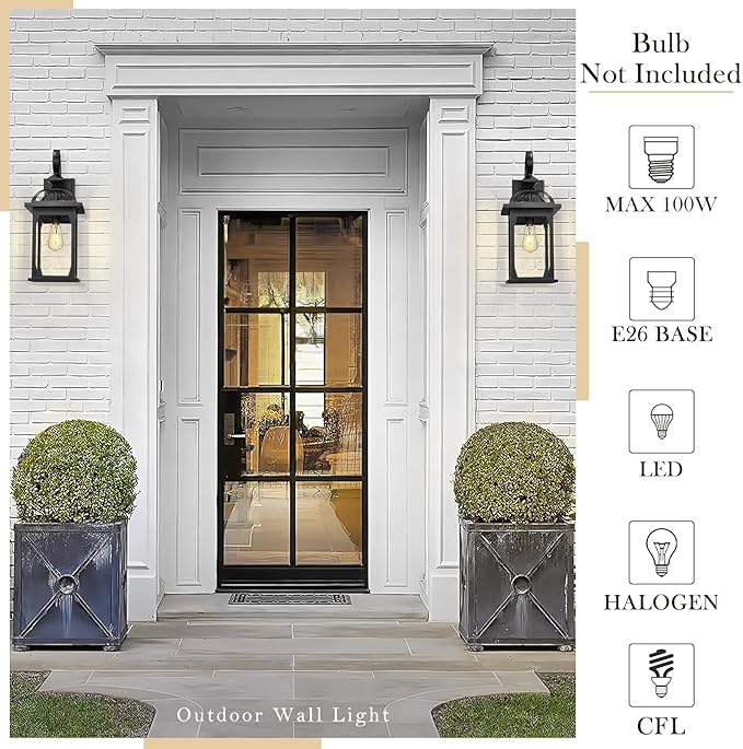 zeyu 22 Inch Outdoor Wall Light Sconce, Large Exterior Wall Light Fixture for House Porch, Die-Cast Aluminum with Seeded Glass, Black Finish, ZD100B-M BK-VerdiqueGarden