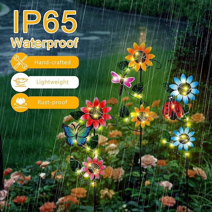3 Pack Solar Garden Light, Sunflower & Insect Metal Solar Stake Lights, Outdoor Statues Figurine Lights for Spring Garden Lawn Patio Yard Decor-VerdiqueGarden